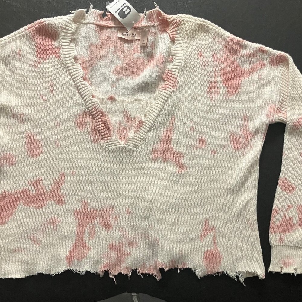 WILLOW ROOT PINK WHITE DISTRESSED TIE DYE SWEATER SIZE SMALL